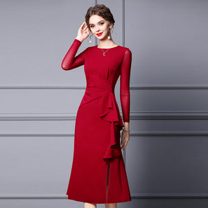 2022 New Design Long Sleeve Autumn Maroon Slim Frilled Midi Formal Dress