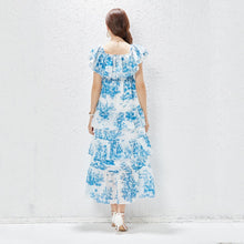 Load image into Gallery viewer, Elegant Mature Vintage Blue Floral Midi Ruffle Tiered Flare Casual Dress
