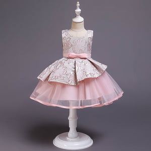 90-140cm 子供用 女の子 プリンセス パフィードレス ジャカード フラワーガールドレス