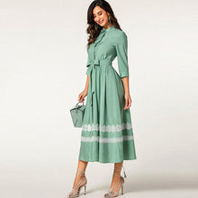Laden Sie das Bild in den Galerie-Viewer, Green elegant elbow sleeve lace belted long button shirt dress
