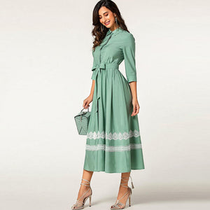 Green elegant elbow sleeve lace belted long button shirt dress