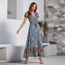 Load image into Gallery viewer, Boho Bohemian Floral Printed Wrap V Neck Short Sleeve Split Beach Party Maxi Dress

