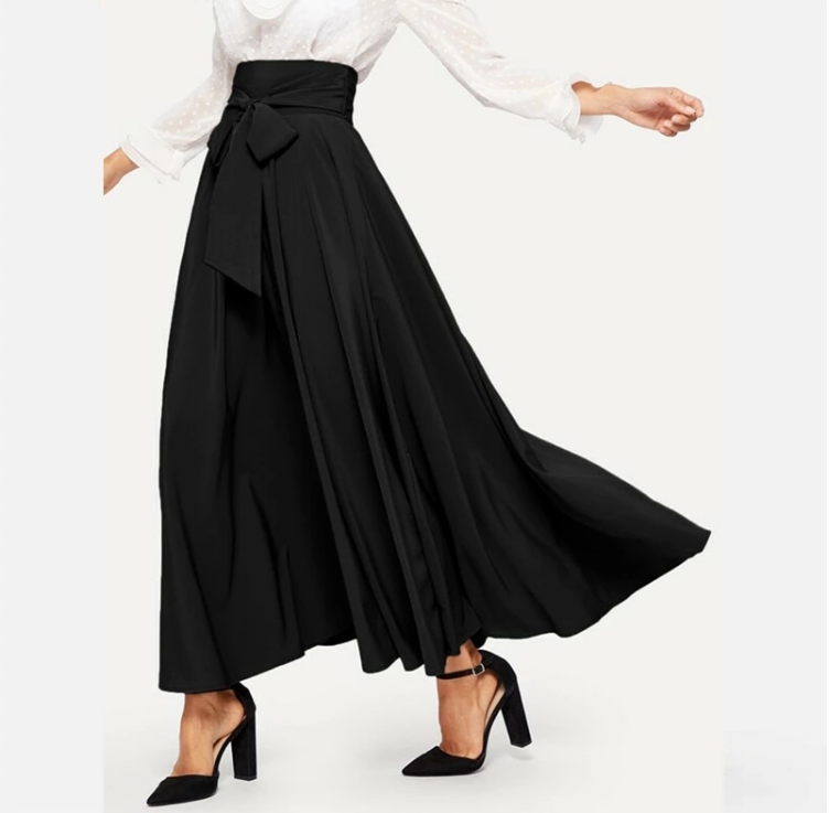 black plain zip back knot swing maxi skirt long