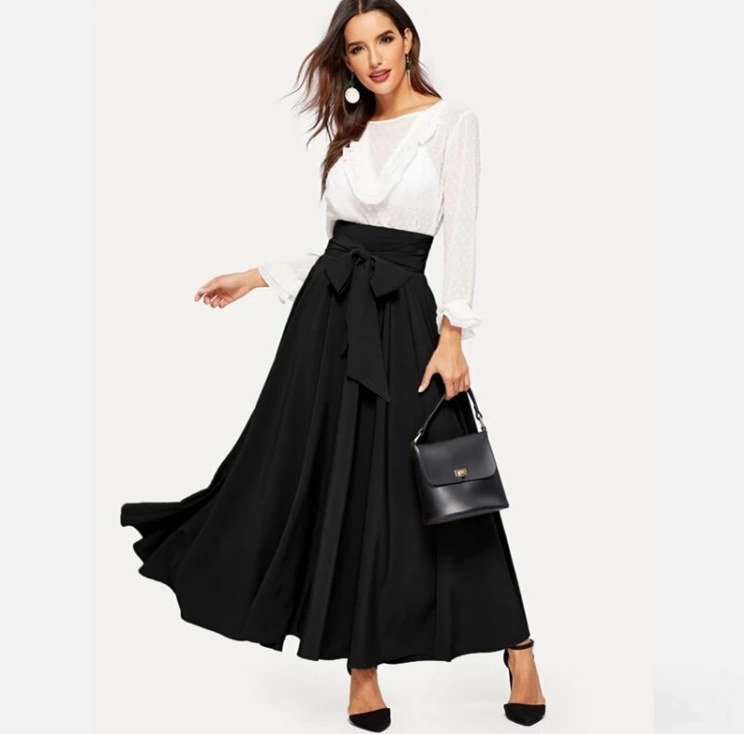 Wholesale factory supply casual woman latest design ladies black plain zip back knot swing maxi skirt long