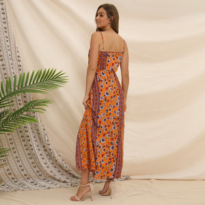 Spring Summer New Deep V-neck High Waist Sexy Floral Print Boho Split Dress