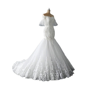 Off Shoulder Flare Short Sleeve Bridal Train Starry Bridal Wedding Dress