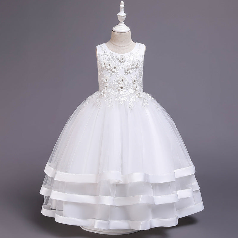 110-160cm 子供用 ハンドメイド ビーズ レース ウェディング フラワーガールドレス ロング サテン パフォーマンス プリンセスドレス