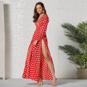 Deep V Neck Polka Dot maxi dress long sleeve