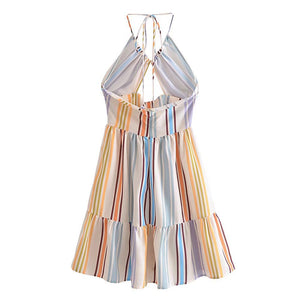 Colorful Striped Halter Neck Tie Backless Mini Casual Dress