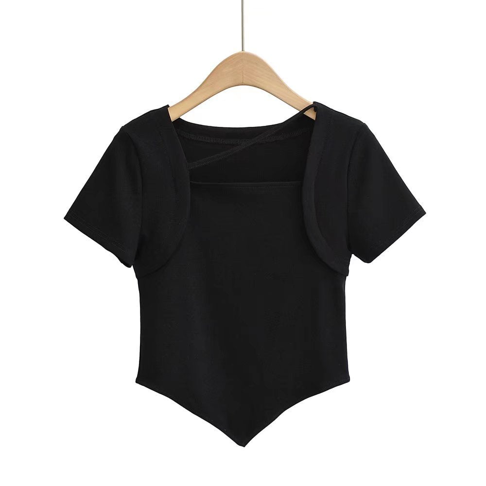 5色展開スクエアネックアシンメトリー半袖Tシャツ