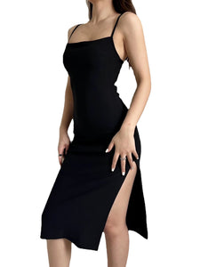 6 Colorway French Style Spaghetti Slit Midi Casual Dress