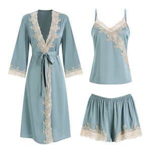 Satin Lace Tank Top Shorts Tie Robe Homewear Bathrobe Set