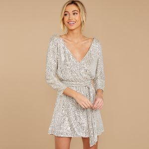 Deep V-neck Belted Sequin Mini Dress