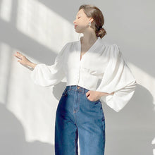 Load image into Gallery viewer, French Style V Neck Lantern Sleeve Slim Blouse Shirt
