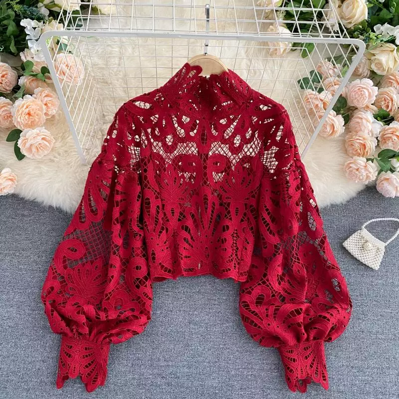 Ladies Elegant Lace Hollow Out Stand Collar Long Lantern Puff Sleeve Loose Sexy Blouse with Inner Tank Top