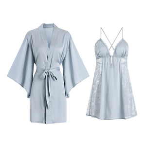 Lace Slip Nightdress Tie Robe Homewear Set