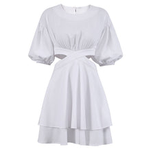 Load image into Gallery viewer, Cotton Linen A Line Off Shoulder Puff Sleeve Tiered Cut Out Mini Casual Dress
