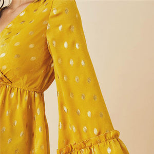 Yellow long sleeve chiffon v neck peplum blouse