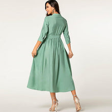 Laden Sie das Bild in den Galerie-Viewer, Green elegant elbow sleeve lace belted long button shirt dress
