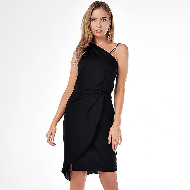 Manufacturer In-stock Womens Sexy Trendy One Shoulder Spaghetti Overlay Wrap Pleated Sheath Dress