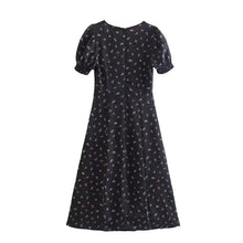 Load image into Gallery viewer, Black Floral Tea Length Slit Short Sleeve Midi Casual Dress
