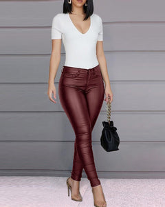 2022 Autumn Winter Women Sexy Solid Casual Skinny PU Pants