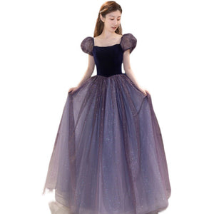 Fancy Puff Sleeve Velvet Spliced Tulle Glittering Princess Performance Birthday Party Event Dresses