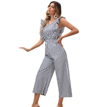 Load image into Gallery viewer, Casual Elegant Ruffle Sleeve Slim V Neck Striped Jumpsuit
