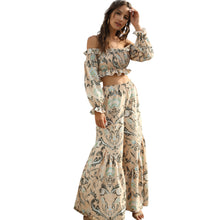 Load image into Gallery viewer, Off Shoulder Long Sleeve Smocking Frilled Bohemian Crop Top High Waist Fashion Print Two Piece Wide Leg Pants
