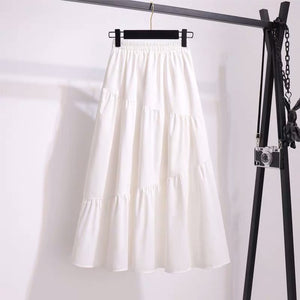 White Fairy High Waist A Line Spliced Elastic Waistband Midi Skirt