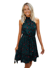 Load image into Gallery viewer, Printed Polka Dot Halter Neck Backless Tie Ruffle Mini Casual Dress
