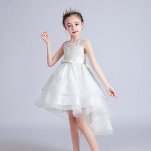 Kids Girls Puffy Long Train Embroidered 3-13Y Junior Princess Dress Children's Day Performance Dress