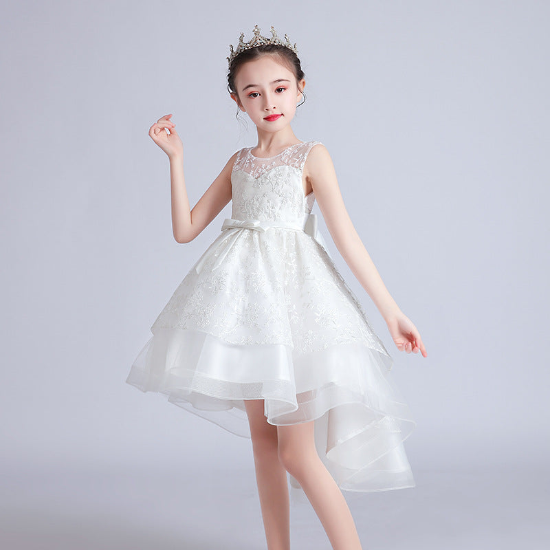 Kids Girls Puffy Long Train Embroidered 3-13Y Junior Princess Dress Children's Day Performance Dress