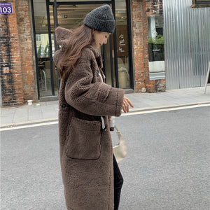Horn Button Hooded Faux Sherpa Shearling Long Coat