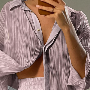 Women Elegant Mature New Design Pleated Satin Loose Shirt Pants Two Piece Set