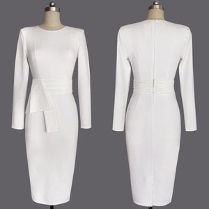 Solid White Long Sleeve Slim Pencil Casual Dress