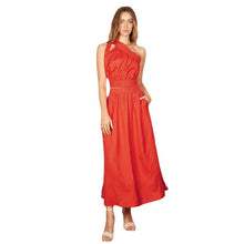 Load image into Gallery viewer, Casual Cotton Linen One Shoulder Elastic Band Ruched Crop Top Midi Skirt 2-piece Set
