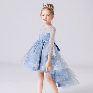 110-160cm 女の子用ベルスリーブ ロングトレイン レッド プリンセス イベント パフォーマンス ドレス