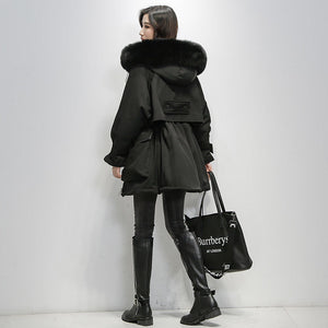 Woman Hooded Oversized Parka Fur Collar Polyester Down Puffy Coat