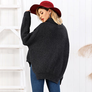 Latest elegant high quality fashionable cable pattern turtle neck slit hem wool loose short sweater for women