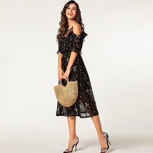 Laden Sie das Bild in den Galerie-Viewer, Black boho transparent O neck dot printing ruffled sleeve elastic waist nice lady wear off shoulder summer dress
