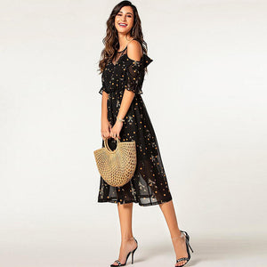 Black boho transparent O neck dot printing ruffled sleeve elastic waist nice lady wear off shoulder summer dress