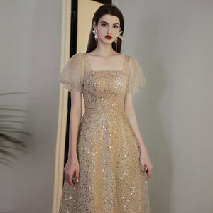 Puff Short Sleeve Elegant Sequin Midi Celebrity Engagement Bridal Evening Dress
