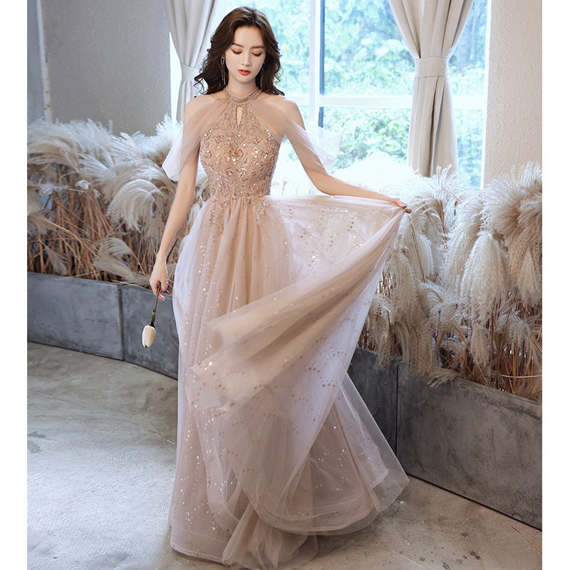 2022 Summer Sequin Embroidered Halter Neck Off Shoulder Champagne Even Jasmine Wei Factory Shop 2022 Summer Sequin Embroidered Halter Neck Off Shoulder Champagne Even Jasmine Wei Factory Shop