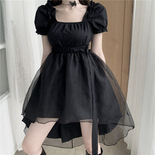 Load image into Gallery viewer, Black Organza Square Neck Puff Sleeve High Low Hem Casual Dress
