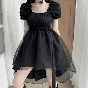 Black Organza Square Neck Puff Sleeve High Low Hem Casual Dress
