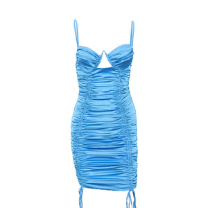 sexy club dress women spaghetti strap backless satin ruched mini bodycon dress