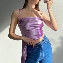 Load image into Gallery viewer, Tied Spaghetti Strap Bowknot Asymmetrical Ruched Crop Top
