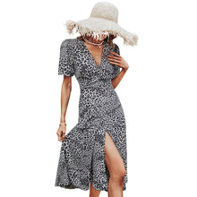 Load image into Gallery viewer, Leopard Short Sleeve Print Dress Long V Neck Big Flare Casual Dress
