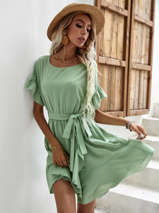 Summer Vintage Sage Green Ruffled A Line High Waist Belted Green Slim Mini Boho Dress